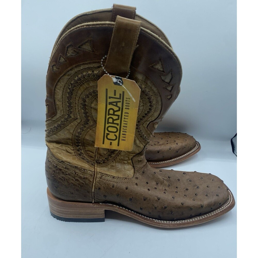 Corral Western Boot Mens Men 10.5 D Tan Full Ostritch Broad Square Toe Cowboy